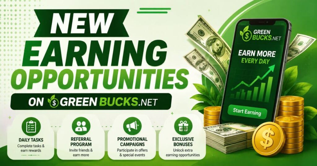 My Green Bucks.net: Latest News, Updates & Earning Guide 2026 2 New Earning Opportunities on Green Bucks.net